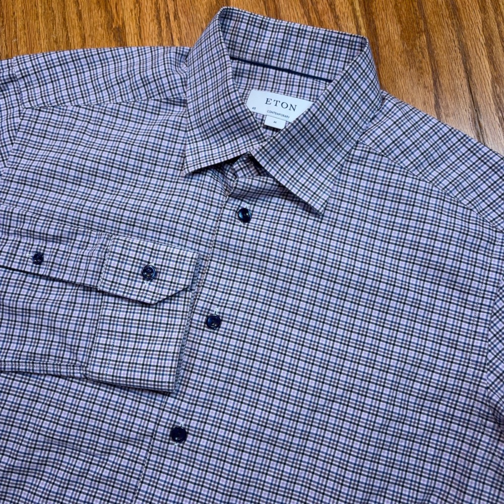 Eton Button Up Shirt Mens M 15.75 Purple Blue Micro Check Contemporary Cotton